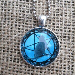 Black Cat Pentacle Glass Cabochon Pendant Necklace